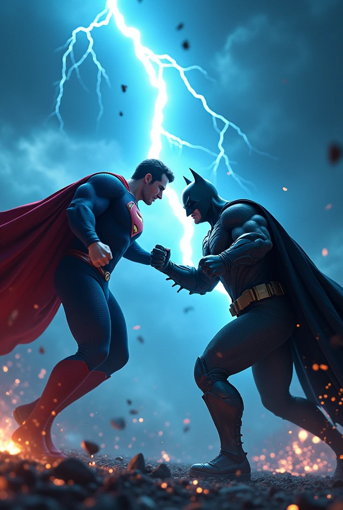 Superman vs batman fight with fierce and emerging blue light with sparkle of fire and war