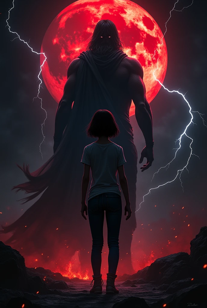 I want a mysterious picture. My book is on an ancient greek civilisation. Black colour theme. Zeus should be standing behind the girl. She has dark hair and a tomboy. I want a dark zeus standing behind her. Also only her back is visible. She ll be surrounded by thunder and lightning and also fire. No frocks or dresses. A jeans and shirt. Also dark zeus. Only surrounded by fire and lightning. And no anime. Realistic picture. A dark one. Zeus should not be visible a lot. Like people shouldnt know its zeus. So just a darkenned zeus. I dont want people to know its him. Um why dont we put a cloak on top of him. Make him more darker. A dark version. I dont want him to be white at all. Darker. I also want bit of blood moon. I want zeus larger. And throwing thunderbolts at the girl. Make zeus extra black. His eyes will bw glowing red. Make the whole background to pitch black. Only light is from fire the blood moon and lightning. Make it look realistic and cool. Not like a kids. Pure adult. No moutains or anything. Complete pitch black. Complete road has to be black. Put some clothes on zeus. The girl has short hair btw. Darker. Dark blood red moon. Cover zeus's face with a cloth.