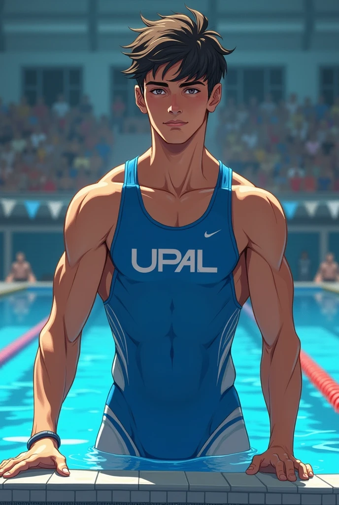 College man at a competitive swimming meet in cerulean sportswear, and logo of the UPAL university of the country of Bolivia.