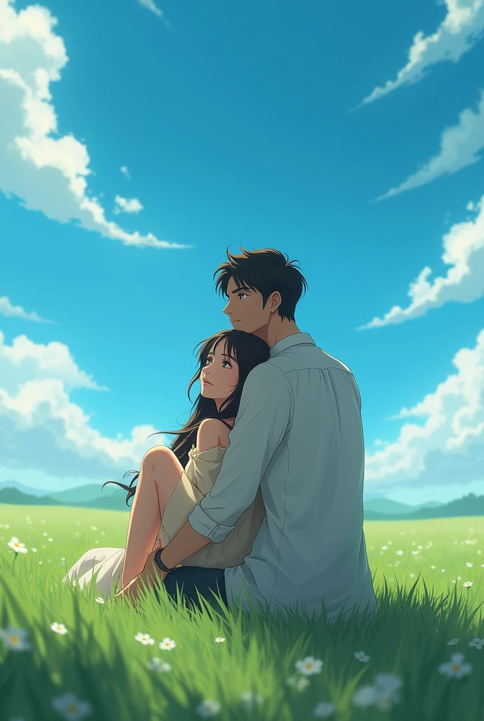 A man siting on a woman and tooking to blue wonder ful sky animation
