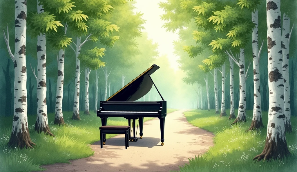 A black grand piano placed on a forest path lined with tall birch trees. The scene is depicted in a realistic watercolor style, creating a sense of freshness. The birch trees, with their white bark and green leaves, are neatly lined up along the pathway, forming a tranquil and elegant natural corridor. The sunlight filtering through the trees casts gentle shadows on the pathway and the piano. Quiet and harmonious, the piano blends beautifully into its lush surroundings.” In the unpopular forest, 