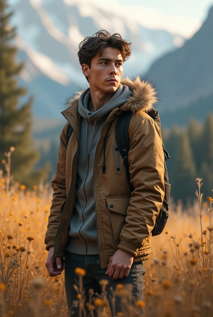 Young man  wared a coat and he is in a 