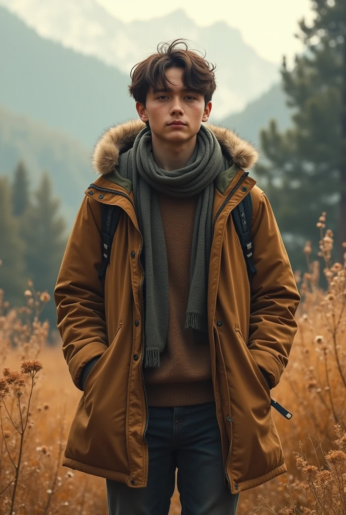 Young man wared a coat and he is in a