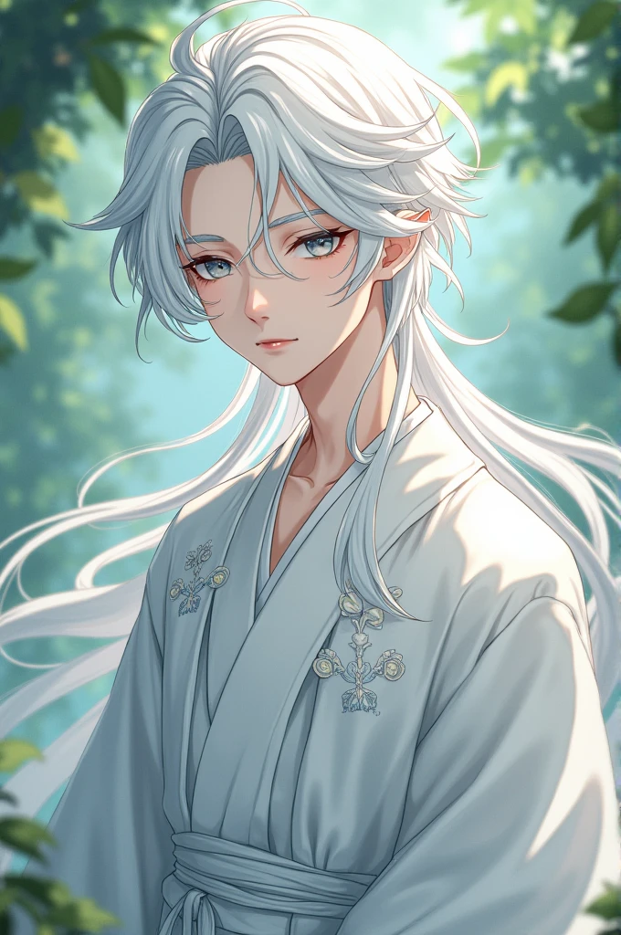 Genshin Impact Style, Kazuha look, white hair white kimono, boy