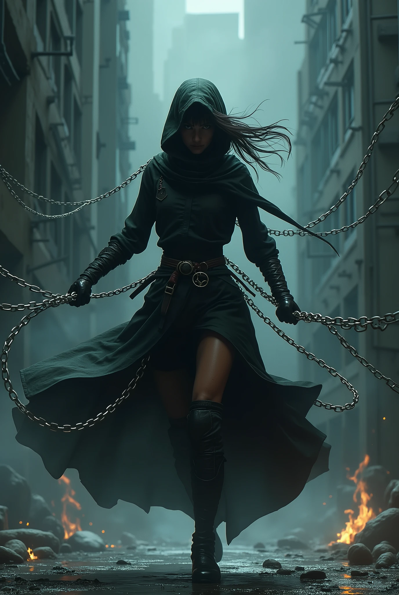 a female ninja in a dark atmosphere, chains flying out from all directions, chains as main weapon, randomized chain movements, chains flying towards the viewer, strong depth of field