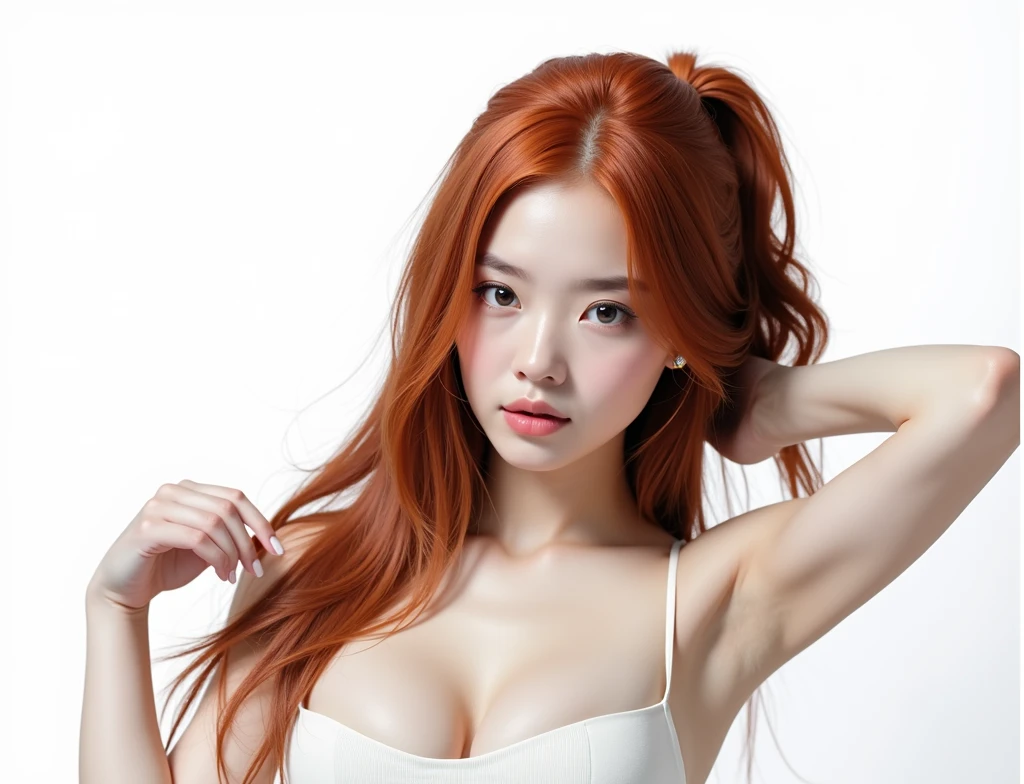 hyper-realistic photo of a woman with (((Red hair))), shown from the bust up, (((8))), with the entire upper body fully visible within the frame. Her hair must be extremely voluminous(((Red hair))), well maintained and perfectly styled. Make sure the woman is portrayed with a clear and natural expression. (((white background))), No details or distractions, just a smooth white surface. The entire upper body of the woman should be fully visible, without any part cut off. (((white background))) Use soft, flat lighting to highlight the texture and shine of her hair and skin.(((Red hair))). The photo must be ultra photorealistic, (((white background))), clear as crystal, 8K  UHD, with fine details and a high quality polished finish. Make sure the entire image is sharp and in focus., no blur or softness. Use the lens at its widest aperture to achieve maximum sharpness and ensure that every detail in the image is perfectly clear and in focus..