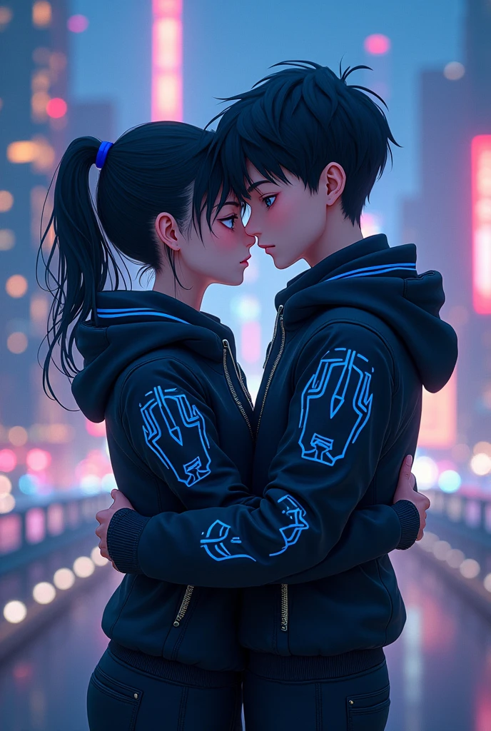 Anime girl and boy hugs each other both are wearing black jacket with some future astic blue pattern on it background city