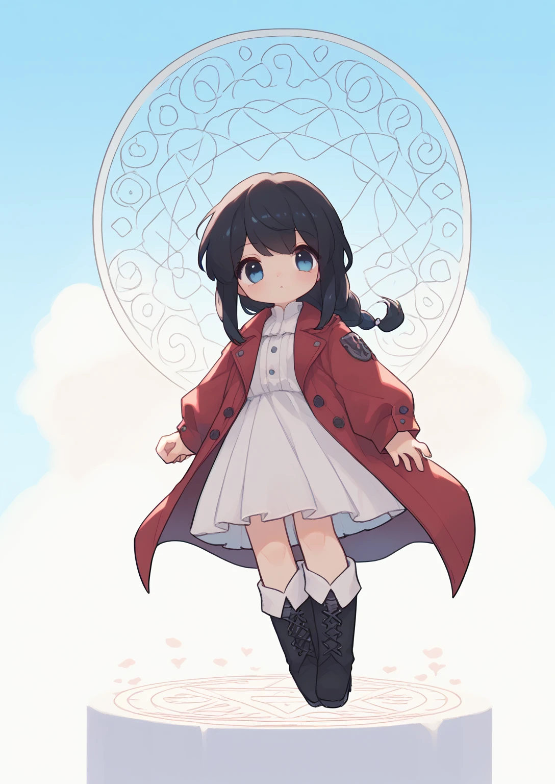 European Classical Style、black双马尾，blue eyes，contour，Crimson trench coat，black迷你裙，（Black Hair），Magic circle glow，Movie Lighting，In sharp contrast，boots，black，Blue sky and white clouds，Sunlight，White Dove，Raise your hand, this sun，front
