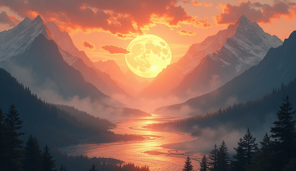 5 elements of nature: land, fire, water, air and ether interconnecting in the background of mountains at sunset, convey depth