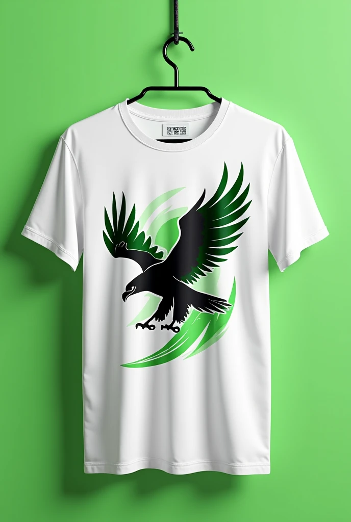 I want you to create a “collarless t-shirt” in “white and green” and that has a “black-type eagle” and the “facem” logo and that has “designs”
