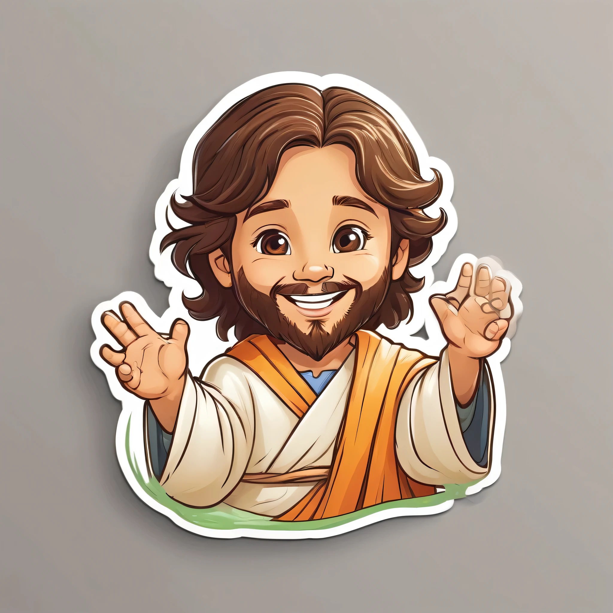 Draw Jesus as a cartoon character for a children’s sticker. He should have a friendly and welcoming appearance, around 30 years old, with long, wavy brown hair and a well-kept beard. Jesus is dressed in a simple, light-colored robe, such as white or beige, with a pastel-colored sash tied around his waist. His eyes are large and expressive, reflecting kindness and compassion, and his smile is warm and comforting. His hands are gently extended forward, as if ready to hug or bless someone. The drawing style should be playful and soft, with vibrant colors and rounded lines, making it appealing and accessible for children. The background should be transparent so that the sticker can be used in various contexts.