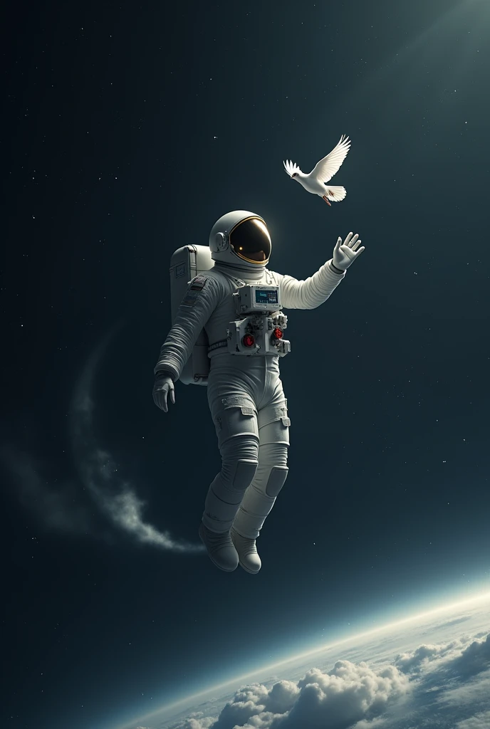 Am astronaut floating in space, he has stretched one of his hand to reach out a small white dove, there are stars behind the astronaut in the background like small white dots . There's also space clouds behind the astronaut. And there's the moon beneath him.