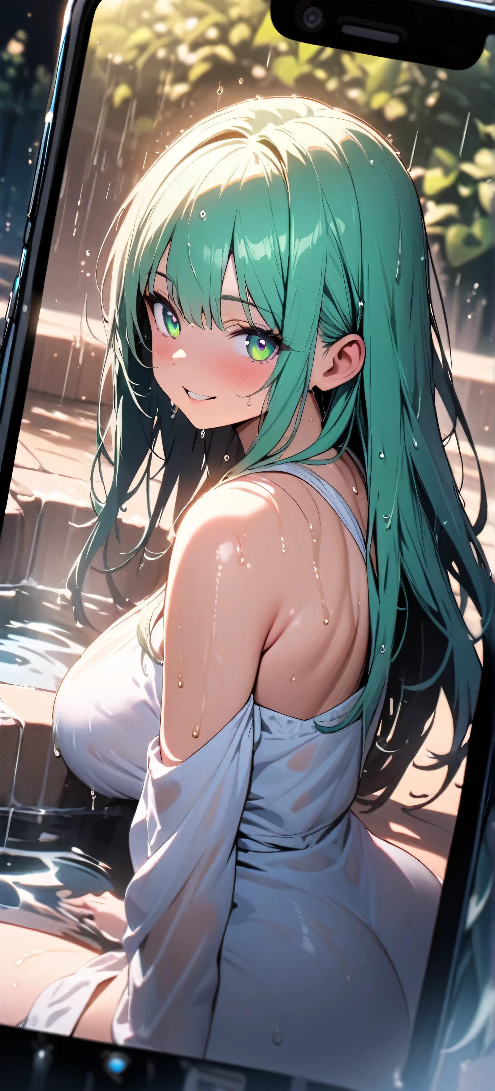 (((Smartphone screen))),(beautiful girl: 1.3),1girl,masterpiece, Highest quality, Ultra-high resolution,rich contrast,super high quality,8k,Highly detailed CG unit wallpaper,texture,Incredibly absurd,Ultra-high resolution,RAW Photos,pastel green,Long Hair,Straight Hair,Ultra-detailed eyes,voluptuous,Glowing Skin,big hip,Large Breasts,on back,1girl,smile,(((Wet))),((magical rain)),Born as is,(bathing),wariza