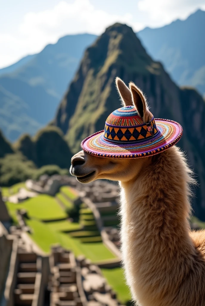 machu picchu with a llama with a chullo but only its neck and the rest of machu picchu can be seen
