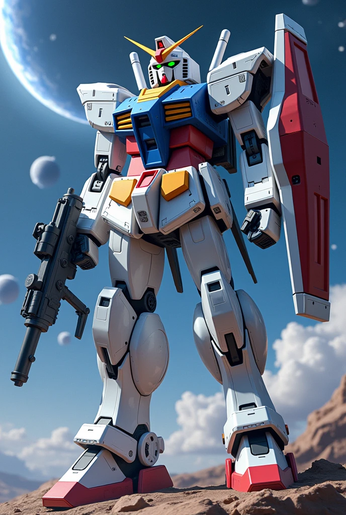 masterpiece, Highest quality, sf, Standing in space、 High-dimensional robot、Mobile Suit、(Translucent armor, Visual internal organization):1.2、(White clear base, Navy Blue Joint, Red internal mechanism)、(Chest wave gun、Shoulder Beam Launcher)、White, blue and red aircraft、Unicorn Gundam