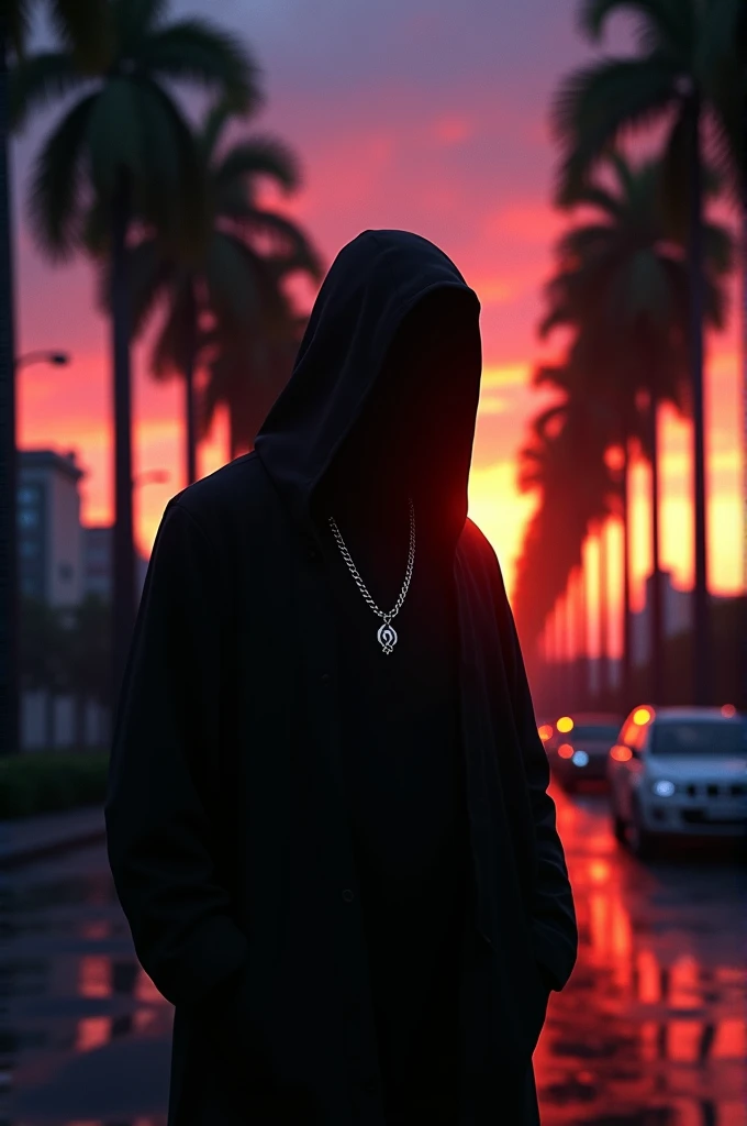 a man, not visible in the shadow, with a discreet silver necklace on a street with palm trees. In the background a red-orange-violet sunset