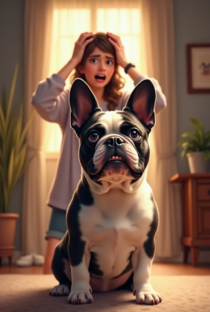 Raising a French Bulldog to bark a lot when receiving visitors at home. His female guardian with both hands on her head.