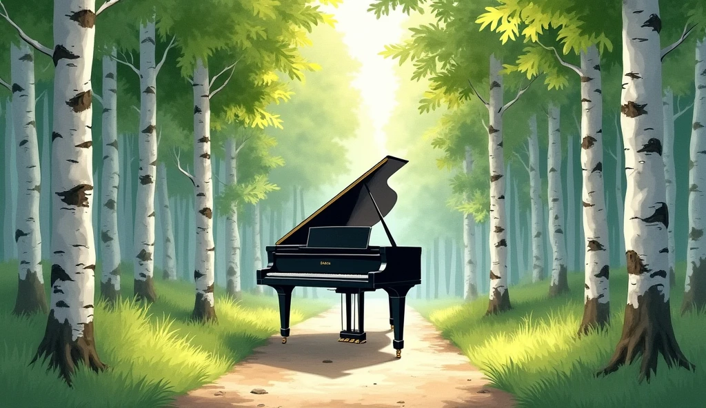A black grand piano placed on a forest path lined with tall birch trees. The scene is depicted in a realistic watercolor style, creating a sense of freshness. The birch trees, with their white bark and green leaves, are neatly lined up along the pathway, forming a tranquil and elegant natural corridor. The sunlight filtering through the trees casts gentle shadows on the pathway and the piano. Quiet and harmonious, the piano blends beautifully into its lush surroundings.” In the unpopular forest,