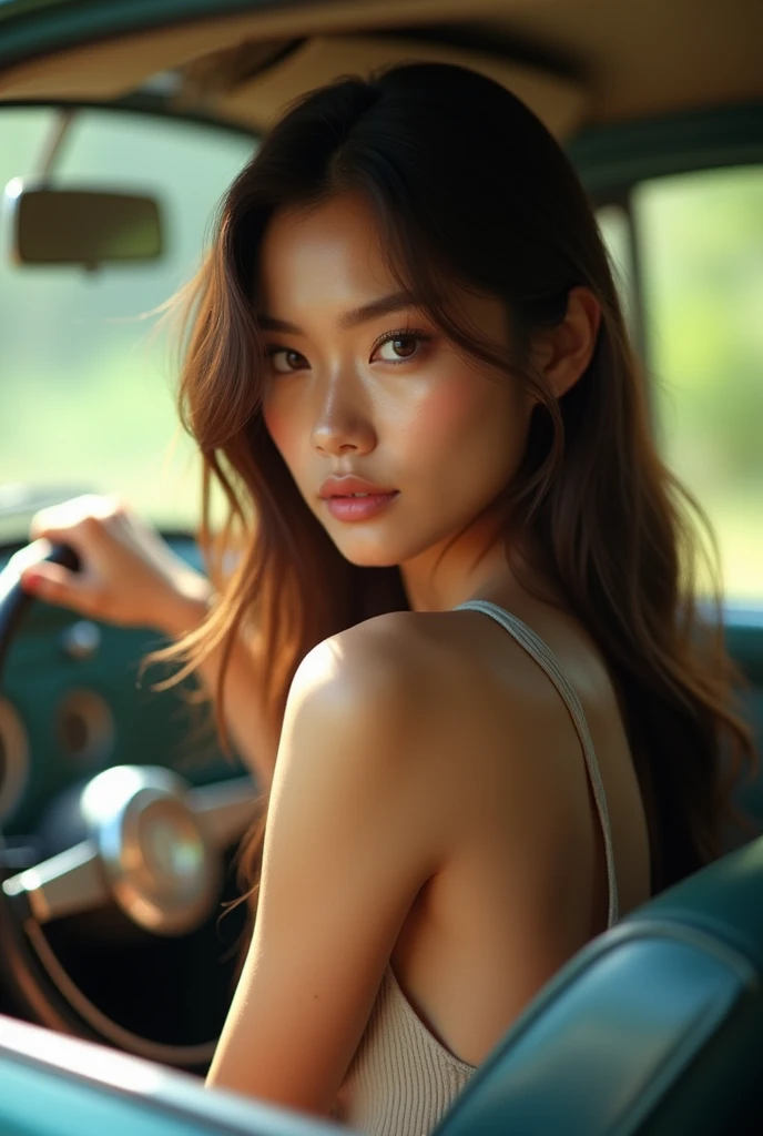 a beautiful  thai girl, brown hair, topless, barefoot, driving an old beetle, looking back from the back seat, detailed face,beautiful detailed eyes,beautiful detailed lips,extremely detailed eyes and face,longeyelashes,photorealistic,8k,ultra-detailed,realistic,photo-realistic:1.37,best quality,vivid colors,studio lighting,sharp focus,physically-based rendering,masterpiece:1.2
