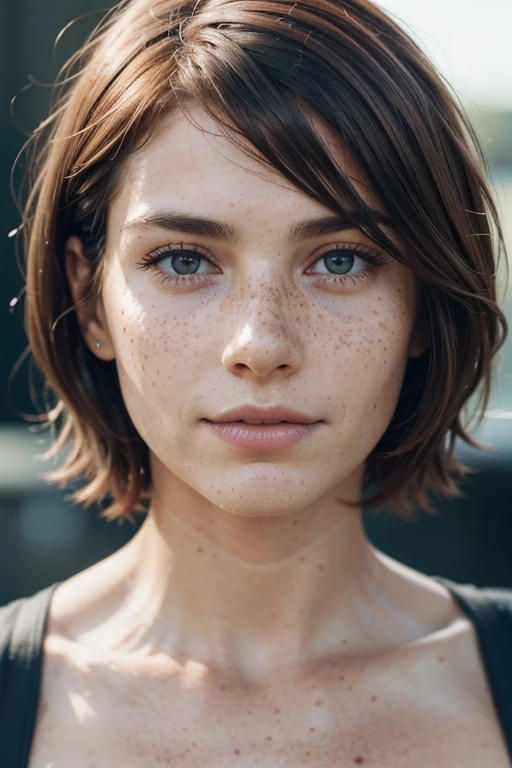 feminine figure, dark auburn hair, freckles, best quality, realistic skin texture, embarassed, upper body portrait, dimples, photography, detailed facial features, film grain texture and high contrast, extremely high-resolution details, photographic, photorealistic, hyper-realistic, HDR, masterpiece, short hair.