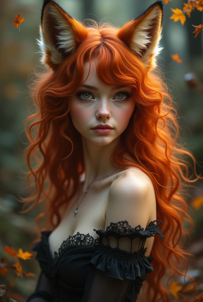 a woman with red curly hair posing for a picture, anthro wolf face, lovely dark autumn princess, color palette is dark orange, human cat hybrid, softfocus, fluffy ears, young lynx, photo of the girl, with white skin, 3/4 portrait, mana, playful, naked, full Body