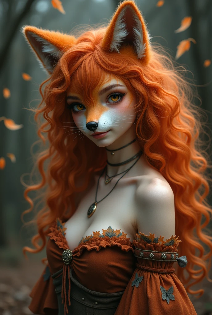 a woman with red curly hair posing for a picture, anthro wolf face, lovely dark autumn princess, color palette is dark orange, human cat hybrid, softfocus, fluffy ears, young lynx, photo of the girl, with white skin, 3/4 portrait, mana, playful, naked, full Body