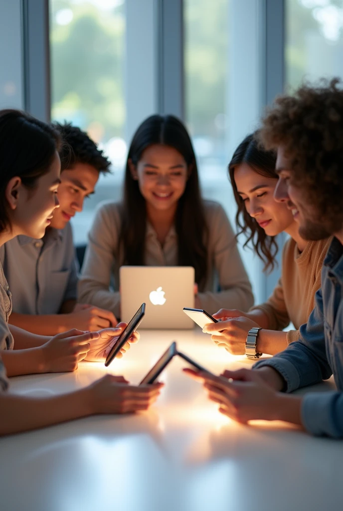 People at a minimalist table with cell phones, tablets, notebooks from apple
