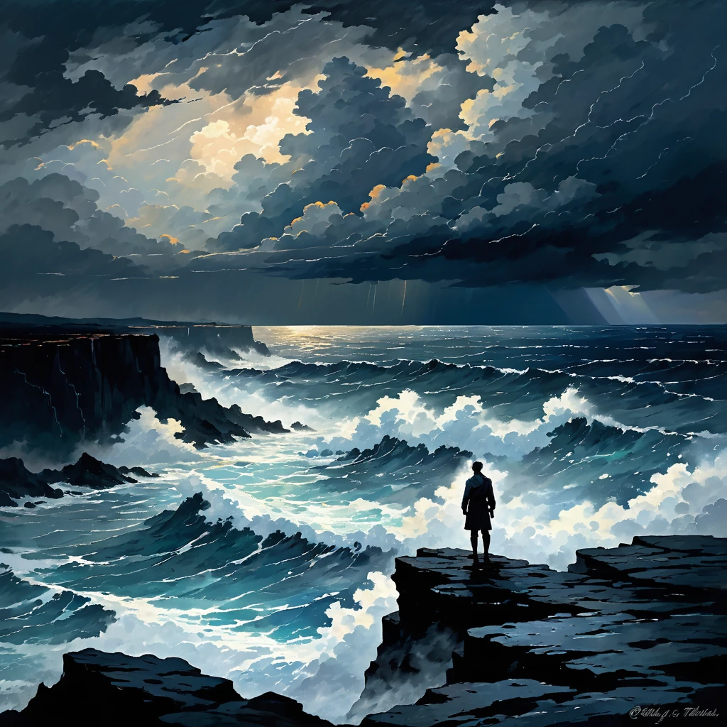 The scene shows a figure standing alone at the edge of a cliff, overlooking a dark, stormy sea. The figure's posture is one of despair, as they face the turbulent waters below. The sky is overcast, with heavy clouds and a distant thunderstorm approaching. The colors are dark and muted, with deep blues and grays dominating, and only faint, cold light breaking through the clouds, symbolizing the fading light of hope and love