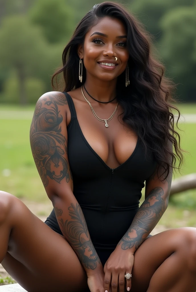 black girl, Lashes, brown lip liner with lip gloss, 2 nose piercing, earrings, braces, clear skin, side part hair with edges, brown eyes, dimples, thick, big tats, big behind, necklace, black bodysuit, sitting outside, showing full body,
