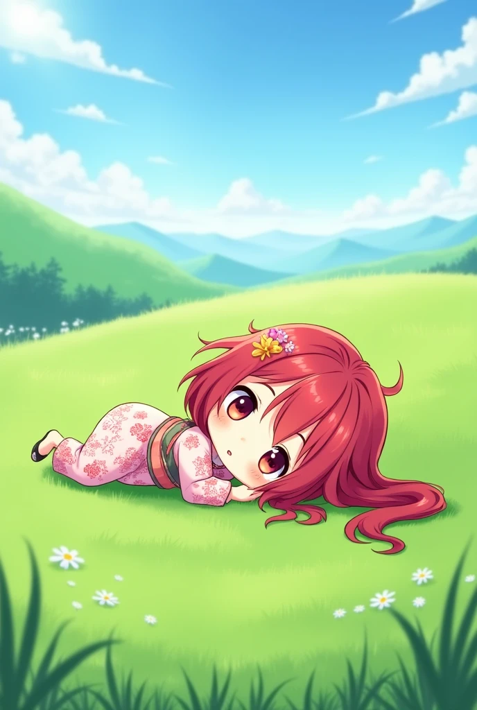 Anime Naruto, a chibi girl with long red hair wearing a kimono is lying on the grass (cover image)