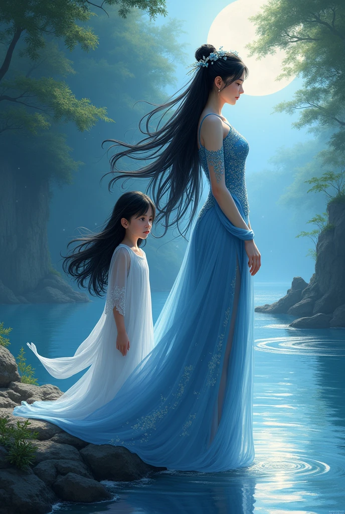 A romantic and mystical book cover illustration featuring two women: a powerful goddess and a young girl. The goddess, representing Mẫu Đệ Tam Thoải Phủ, has a regal appearance with long flowing black hair, wearing a traditional Vietnamese áo dài in shades of blue and silver, symbolizing water and the mystical elements. She stands near a serene, mystical river with a calm expression. The young girl, Linh, is beside her with a curious and captivated gaze. She has long black hair, wearing a simple white áo dài, embodying innocence and admiration. The background is a tranquil river scene with shimmering water and soft moonlight reflecting on its surface, creating a serene and enchanting atmosphere. Thêm cho lĩnh cao hơn một ích đi