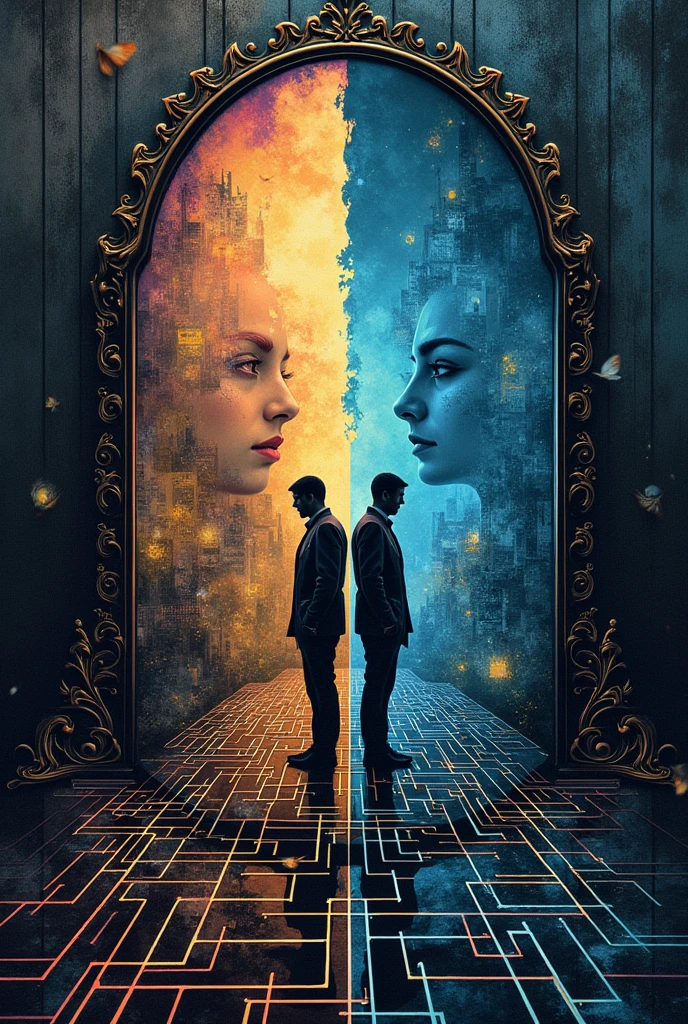 1. **Labyrinth of Minds**
- **Visual:** The cover features a sprawling, intricate maze or labyrinth that has multiple pathways leading to dead ends or various small rooms. Within these paths, there are symbolic elements like scales, shattered masks, or mirrors reflecting different distorted faces. Each pathway symbolizes different ideologies, moral dilemmas, or stages of transformation.
- **Color Scheme:** Deep blues, dark grays, and muted metallics, with glowing lines tracing the labyrinth, giving it a surreal, otherworldly feel.
- **Typography:** The title is placed at the center of the maze, with a slightly distorted font that bends with the labyrinth’s pathways.
### 2. **The Duality of Shadows**
- **Visual:** Two opposing silhouettes stand back to back, merging into one another. One side is painted in vibrant, warm tones representing ideals and justice, while the other fades into shadowy, colder colors symbolizing doubt, transformation, and existential crisis. Between them, abstract lines flow, blending or conflicting with each other, reflecting the nuanced ideologies and moral shifts.
- **Color Scheme:** Warm earth tones on one side and cold blues and grays on the other, with a neutral middle ground where the colors bleed into each other.
- **Typography:** A serif font with fractured or splintered effects, emphasizing tension between ideals and transformation.
### 3. **The Mirror of Infinite Realities**
- **Visual:** A large, intricately framed mirror dominates the cover, but instead of reflecting a clear image, it reveals a kaleidoscope of realities—overlapping cityscapes, fragments of faces, blurred figures, and abstract geometric shapes. This symbol represents the fragmented nature of truth, reality, and ideology.
- **Color Scheme:** Rich blacks, deep purples, and hints of gold, with some glowing, neon accents to emphasize the surreal nature of the reflections.
- **Typography:** A clean, minimalist font that contrasts the chaotic