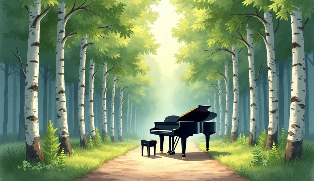 A black grand piano placed on a forest path lined with tall birch trees. The scene is depicted in a realistic watercolor style, creating a sense of freshness. The birch trees, with their white bark and green leaves, are neatly lined up along the pathway, forming a tranquil and elegant natural corridor. The sunlight filtering through the trees casts gentle shadows on the pathway and the piano. Quiet and harmonious, the piano blends beautifully into its lush surroundings.” In the unpopular forest, 