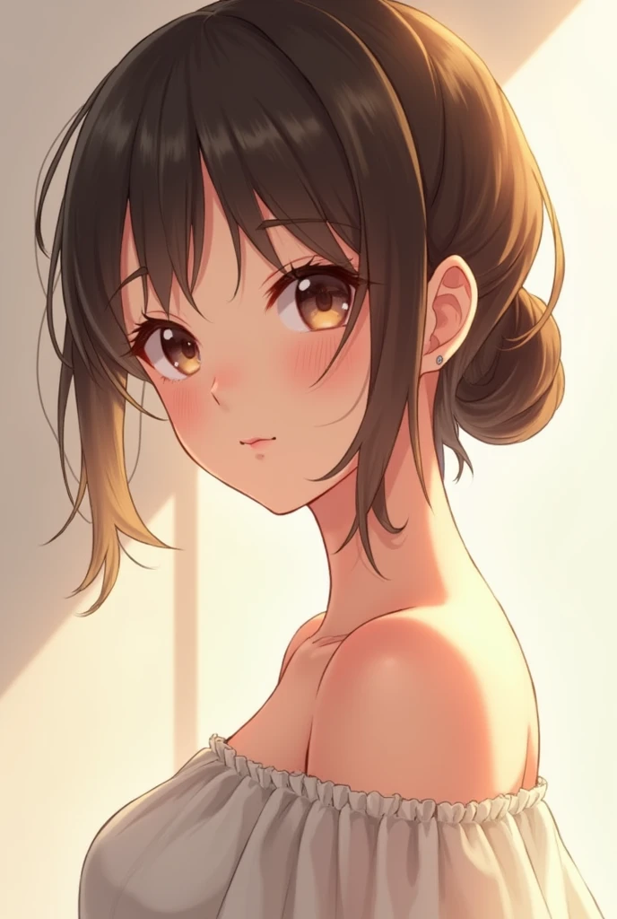 (Anime version and realism ) Hanna's Miyamoto is a 2 woman, with a natural beauty and a serene personality that perfectly complements Yoriichi's calmness. She has dark brown hair that she wears loose or in a simple updo., and her honey-colored eyes shine with warmth. Her style is simple but elegant., preferring comfortable clothes that highlight her innate grace.