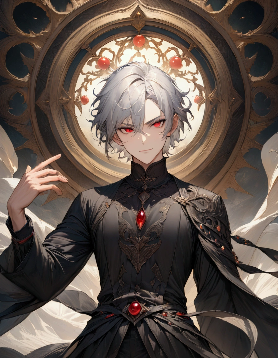 (masterpiece:1.3),(最high quality:1.4),(Very detailedな:1.5),High resolution,Very detailed,8k,artwork,High level of detail,rendering,high quality,Wide range of colors,wallpaper,(Dark fantasy).((One anime young man))Silver Hair,Berry Berry Shorthair,Just short hair,Thin silver eyebrows,Red eyes,Dark circles around the eyes,Handsome,His face is a fearless smile,An evil look,(服装はギリシャ神話Windのファッション)Fashion of the Grim Reaper like in Greek mythology、The background has an aura,Wind,Dynamic pose。