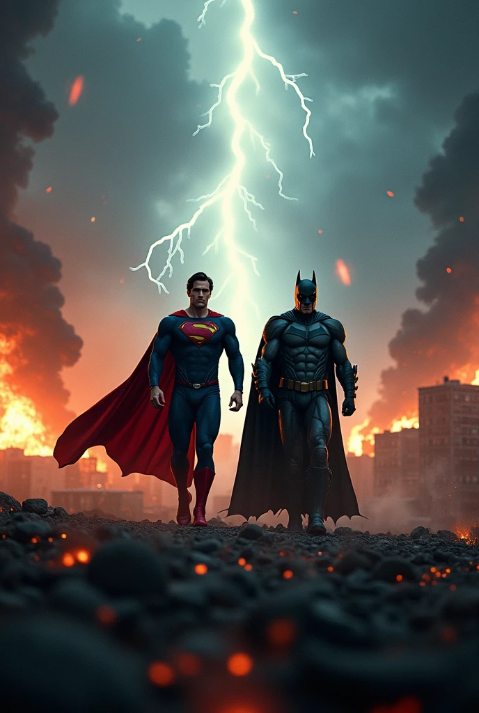 Superman and batman walking through camera with light of thunder and war at background and building burning