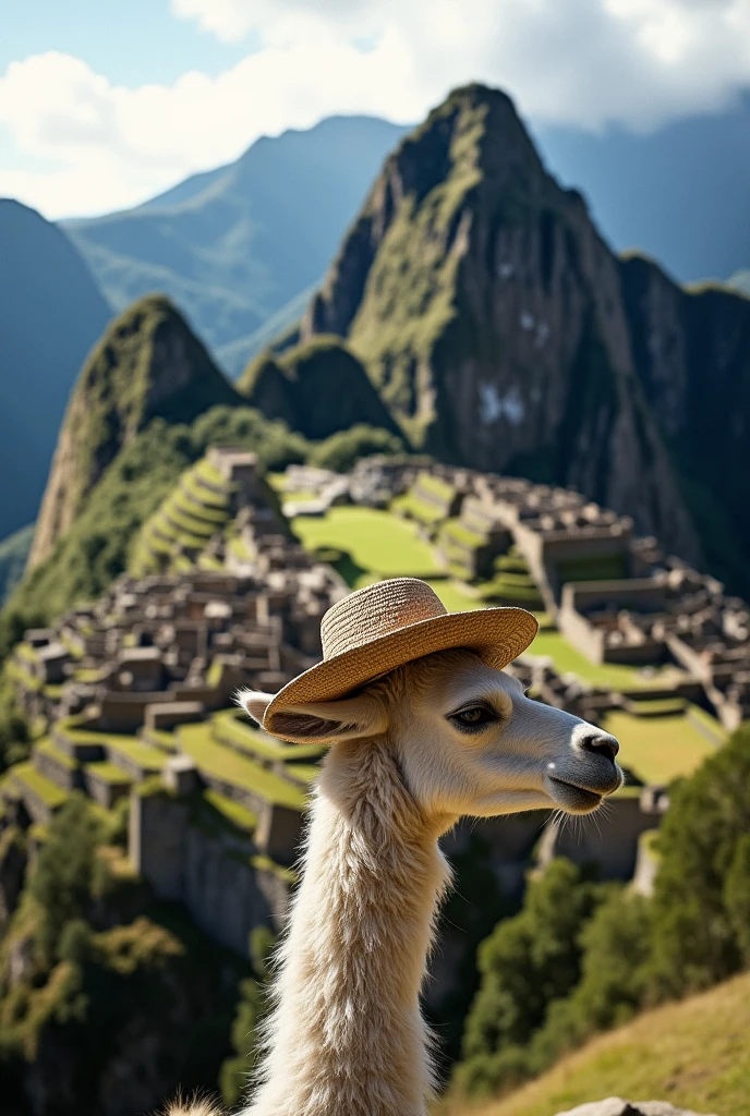 machu picchu with a llama with a chullo but only its neck and the rest of it sticking out machu picchu the llama looking forward

