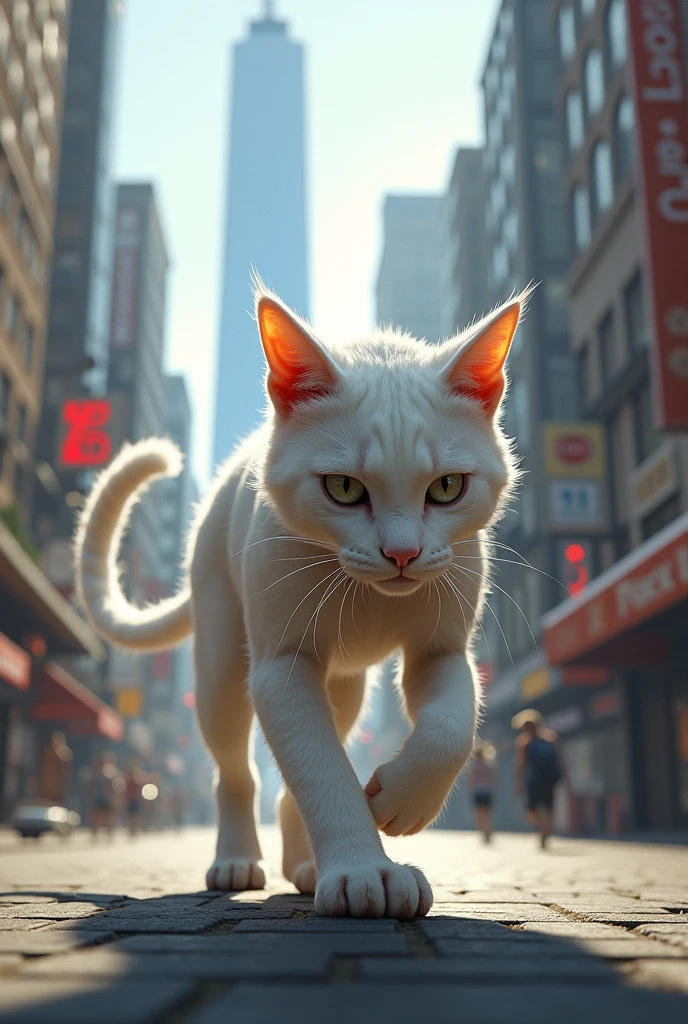 A white cat with abdominal squares With muscles, Walking around the city