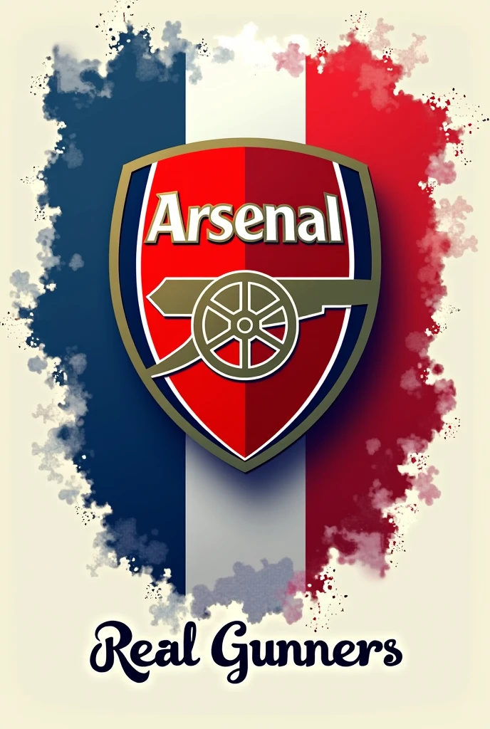 Create an image that combines the Arsenal Football Club crest and the Costa Rican flag in blue and red that says REAL GUNNERS at the bottom