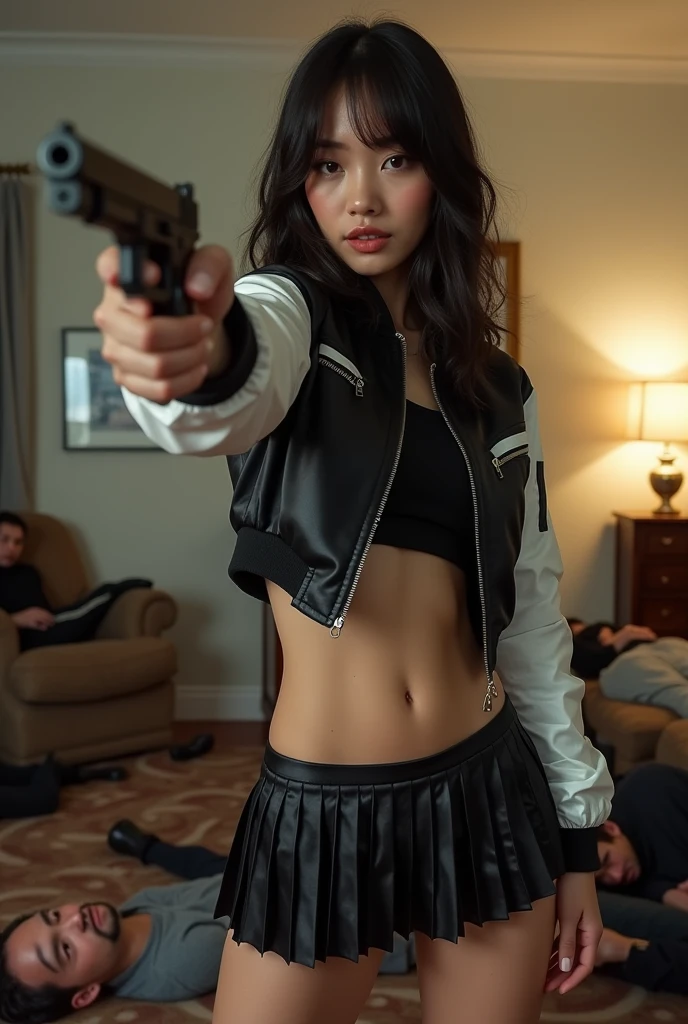 wide depth of field, wide depth of focus, f/11 lens setting, all objects in focus, full color image, woman with pistol, holding glock pistol, living room background, full body image, (black and white short cropped soft shiny satin bomber jacket),  zipped up jacket, pleated shiny satin mini skirt, woman posing with a pistol ,，pistol in one hand, pure form, intricate details, 8K post-production, high resolution, super detailed, Popular topics on Artstation,, Studio photos, intricate details, Very detailed, many defeated men lay on unconscious with closed eyes on the floor in the background