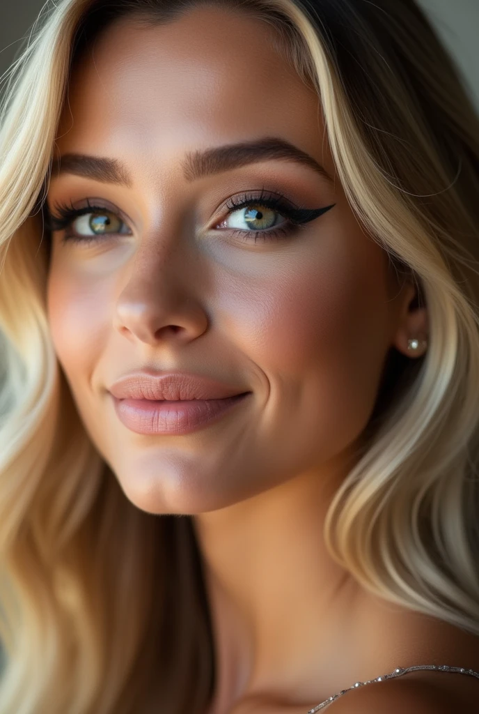 (one-1-person:1.2), beautiful blonde lady, great smile, dark make-up, hyperdetailed photograph, smooth light, Portrait of head and shoulders, Brazilian, cover