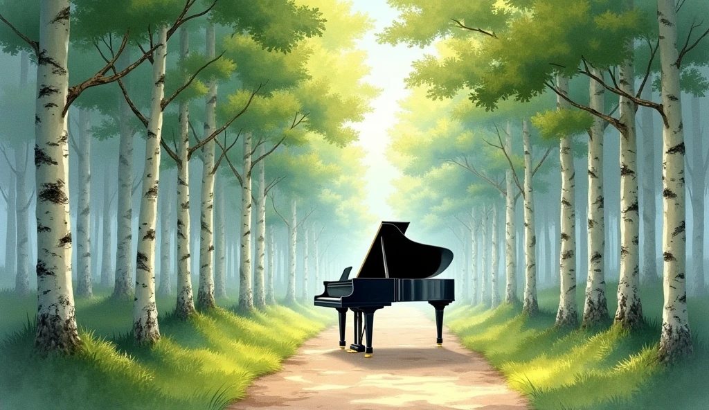 A black grand piano placed on a forest path lined with tall birch trees. The scene is depicted in a realistic watercolor style, creating a sense of freshness. The birch trees, with their white bark and green leaves, are neatly lined up along the pathway, forming a tranquil and elegant natural corridor. The sunlight filtering through the trees casts gentle shadows on the pathway and the piano. Quiet and harmonious, the piano blends beautifully into its lush surroundings.” In the unpopular forest, 
