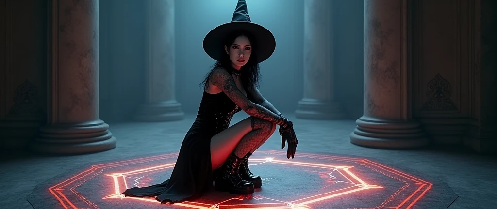 a stylish emo pale witch gothic woman  wickes smile evil smirk crouched  in dark foggy in baroque hall around glowing hex circle magic on ground, witch hat, black velvets, lace, fishnets and leather tinged with scarlet or purple, accessorized with tightly laced corsets, gloves, platform boots and silver jewellery depicting occult themes elegantly quaint in black sludge morbid, fashion and style of dress, typical gothic fashion includes black dyed hair and black clothes wear dark eyeliner, dark nail polish and lipstick, and dramatic makeup (best quality,4k,8k,highres,masterpiece:1.2),ultra-detailed,(realistic,photorealistic,photo-realistic:1.37),HDR,UHD,studio lighting,ultra-fine painting,sharp focus,physically-based rendering,extreme detail description,professional,bokeh,portrait,high fashion,elegant,glamorous,cinematic,dramatic lighting,moody,mysterious,sensual,sophisticated