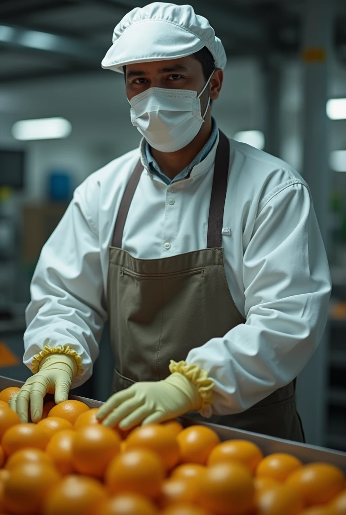 create a collaborator image(a) brazileiro(a) using gloves, mascaras, cap all hair must be covered as well as the ears, apron, in a fruit processing agroindustry
