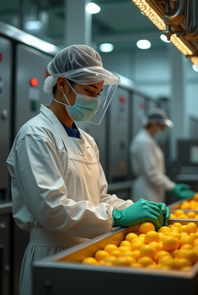 create a collaborator image(a) brazileiro(a) using gloves, mascaras, cap all hair must be covered as well as the ears, apron, in a fruit processing agroindustry