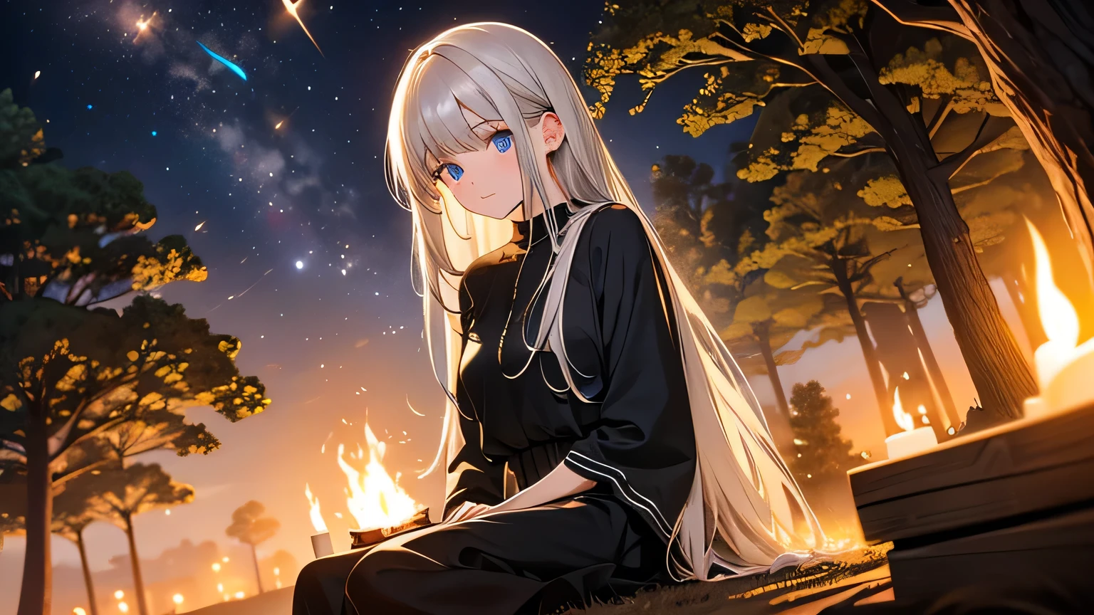 Attention to detail, high quality, high resolution, 4K, 8k, she sits under the tree in the middle of the forest, many green trees around her, many campfire bugs fly around her, wind blows through her hair, she has long silver hair, she is relaxing, she has beautiful eyes, Blue eyes, casual cloths, warm atmosphere, calm atmosphere, relax atmosphere, background dark, night, Grains of light,whole body