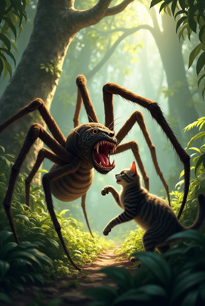 A spider bite a cat in jungle