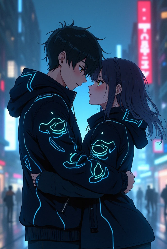 Anime girl and boy hugs each other both are wearing black jacket with some future astic blue pattern on it background city jacket cover with head and zoom more and background little bit of dark