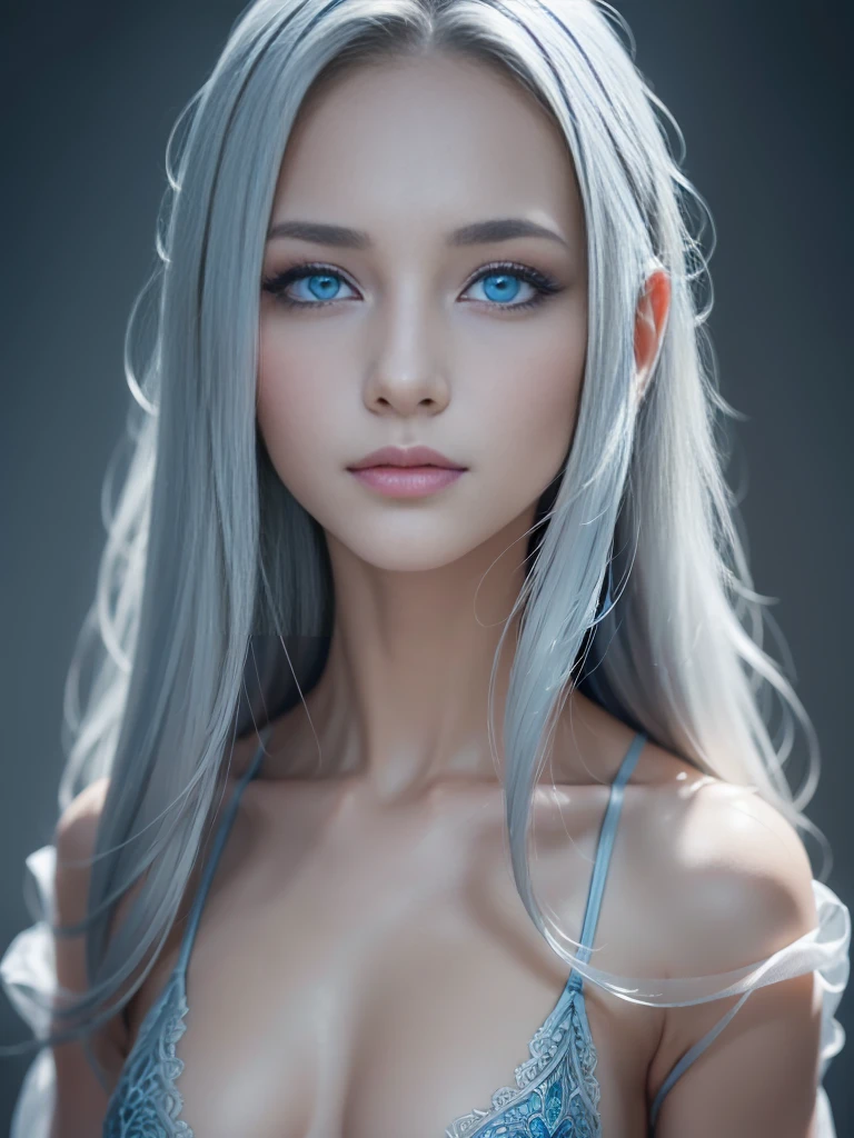 8k, (full body shot:1.2), 20-year-old swedish girl, raw, Beautiful woman, (straight gray hair), (intricate, sheer, transparent, translucent,(no clothes:1.2)), intricate, beautifull face, elegant, highly detailed, digital hyperrealistic photography, hyperrealistic photography filigree, shyness, most beautyfull face, (masterpiece, sidelighting, (finely detailed beautifull blue eyes: 1.2)),