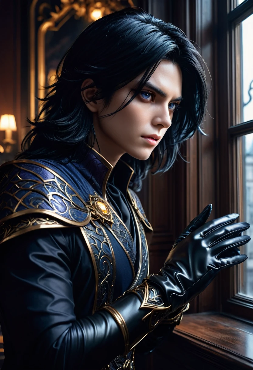 handsome man, 30 years, adult, attractive, jet black shoulder length hair, dark magician, a sly, attentive look, mesmerizing eyes, To profile, puts on gloves, looking out the window, dissatisfied, frowning, stately, strong, dark aura, near the window, in the office in the mansion, unearthly beauty, fantasy, European appearance, beautiful facial features, digital art, bright light, complex parts, Focus on the face, Exquisite, sharpness, depth, professional photo, cgi, diffuse reflection, full hd wallpaper, epic, 64k, f/16, 1/300s, s750, HDR, ultrahd, 50mm lens